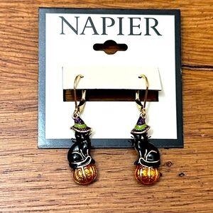 Napier Halloween Cat Earrings with Pumpkin and Witch Hat